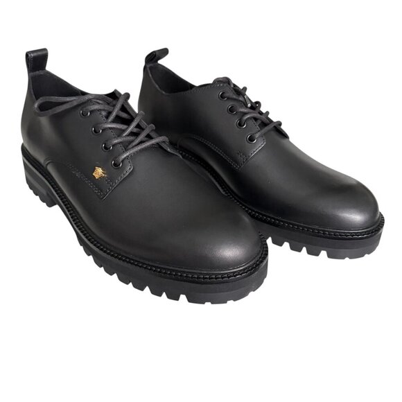 Versace 1014646 Men's Black 100% Leather Small Gold Logo Medusa Derby Shoes - Picture 1 of 10